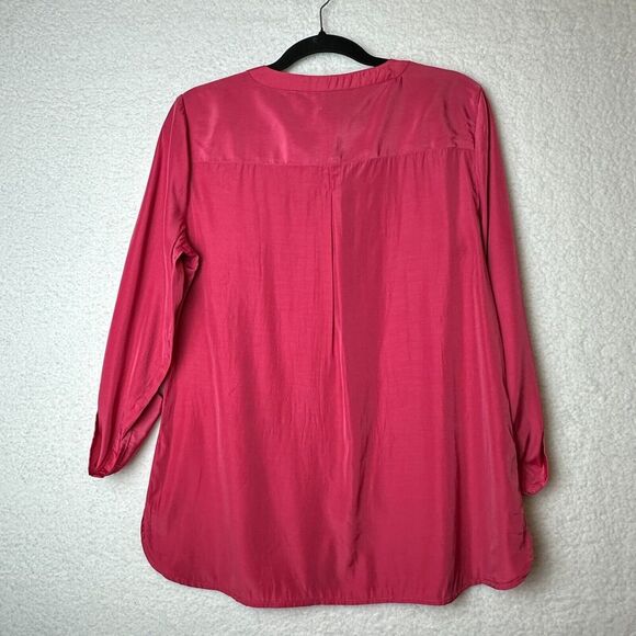 2/$30 Chicos Pink Button Up Tunic Top Size M Roll Tab Office Classic Barbiecore - Picture 2 of 9